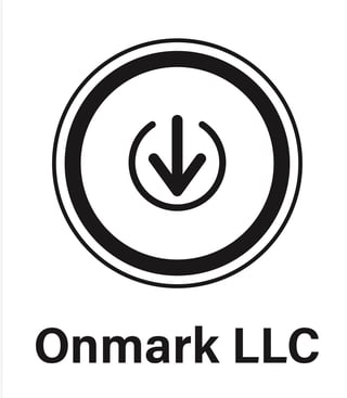Onmark LLC logo featuring a black circular icon with a downward arrow symbol inside